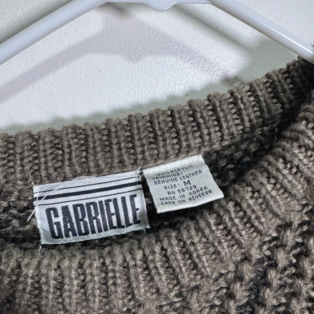 Gabrielle Sweater Mens M Brown Black Argyle Leather Patchwork‎ Vintage Knit